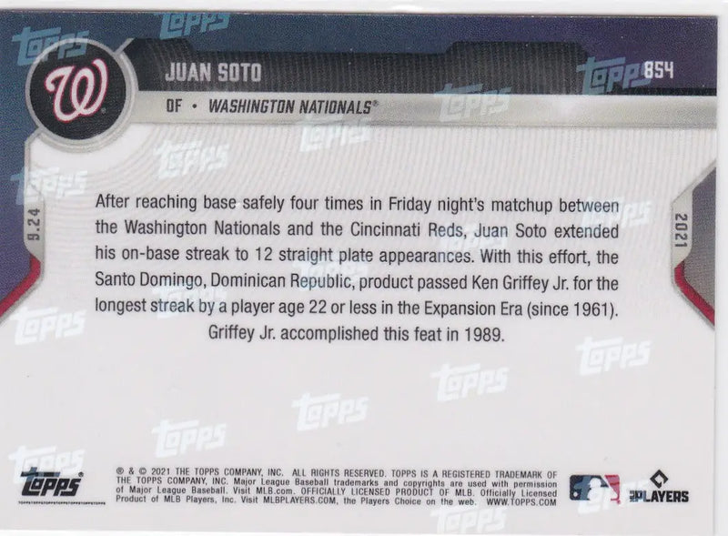 Juan Soto baseball card back from 2021 TOPPS NOW #842 Washington Nationals featuring Josiah Gray Washington