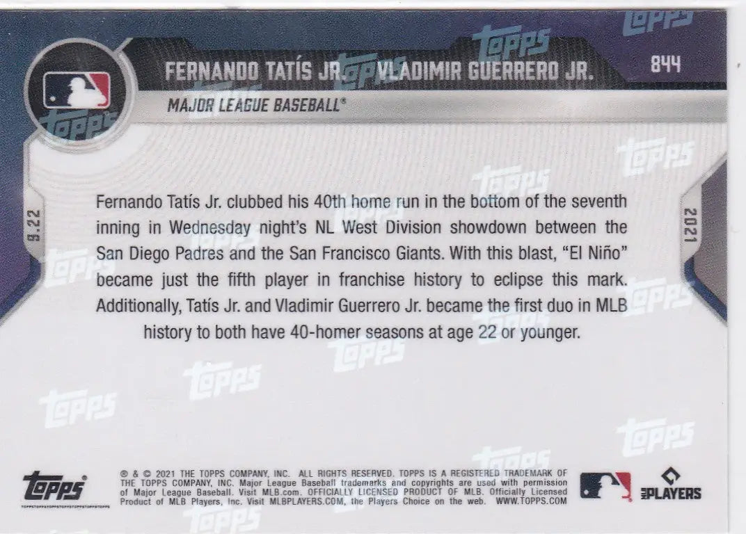 Baseball card back featuring Fernando Tatis Jr- MLB 2021 TOPPS NOW #844