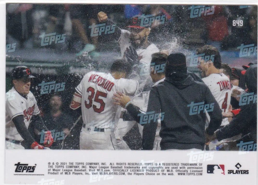Baseball card of Cleveland Indians team celebrating featuring Osacr Mercado-Cleveland Indians