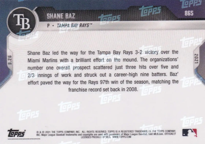 Baseball card back of 2021 TOPPS NOW Shane Baz Tampa Bay Rays baseball card