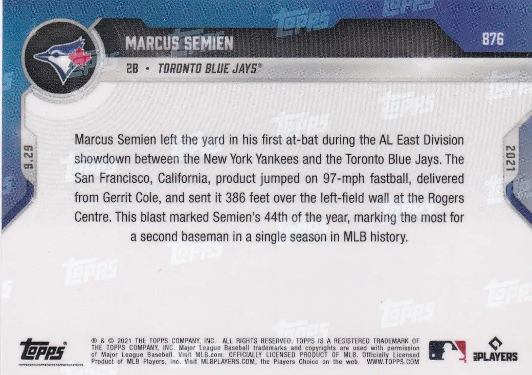 Baseball card back featuring Toronto Blue Jays player Marcus Semien in 2021 TOPPS NOW