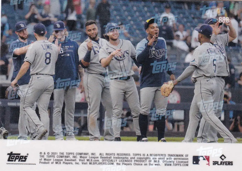 Baseball players celebrating during a game featuring Tampa Bay Rays in 2021 TOPPS NOW #888