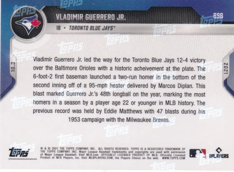 Baseball card back featuring Vladimir Guerrero Jr Toronto Blue Jays player info