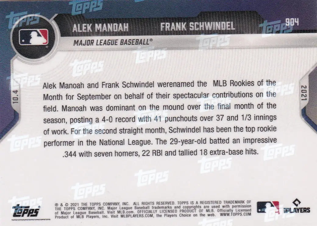 Baseball card back for 2021 TOPPS NOW #904 Alek Manoah- MLB featuring player stats