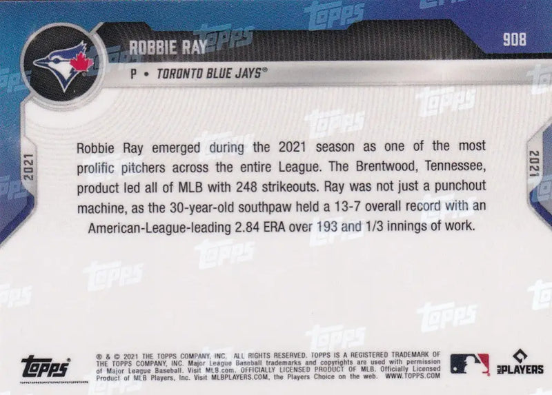 Robbie Ray Toronto baseball card back featuring team info and stats for Toronto Blue Jays