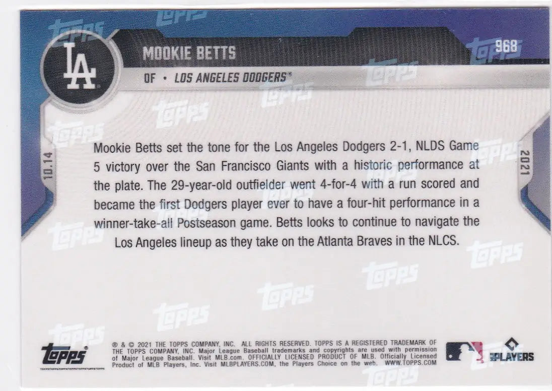 Baseball card back featuring Mookie Betts from 2021 TOPPS NOW los angeles Dodgers collection