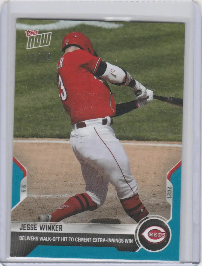 Baseball card of Jesse Winker Cincinnati Reds mid-swing from Topps Now Parallel 22/49