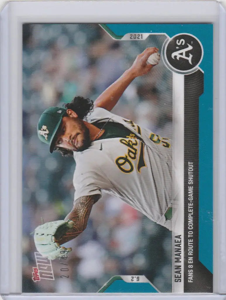 Baseball card of Sean Manaea mid-throw for the Oakland Athletics 20/49