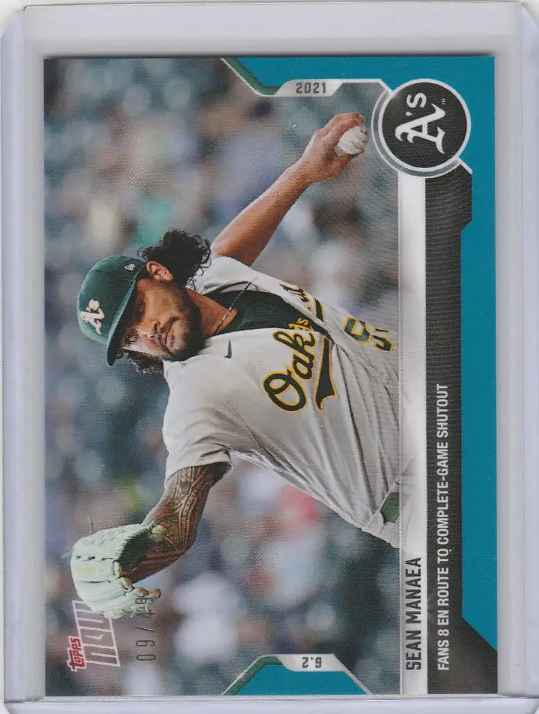 Baseball card of Sean Manaea mid-throw in Oakland Athletics uniform, 2021 Topps Now Parallel