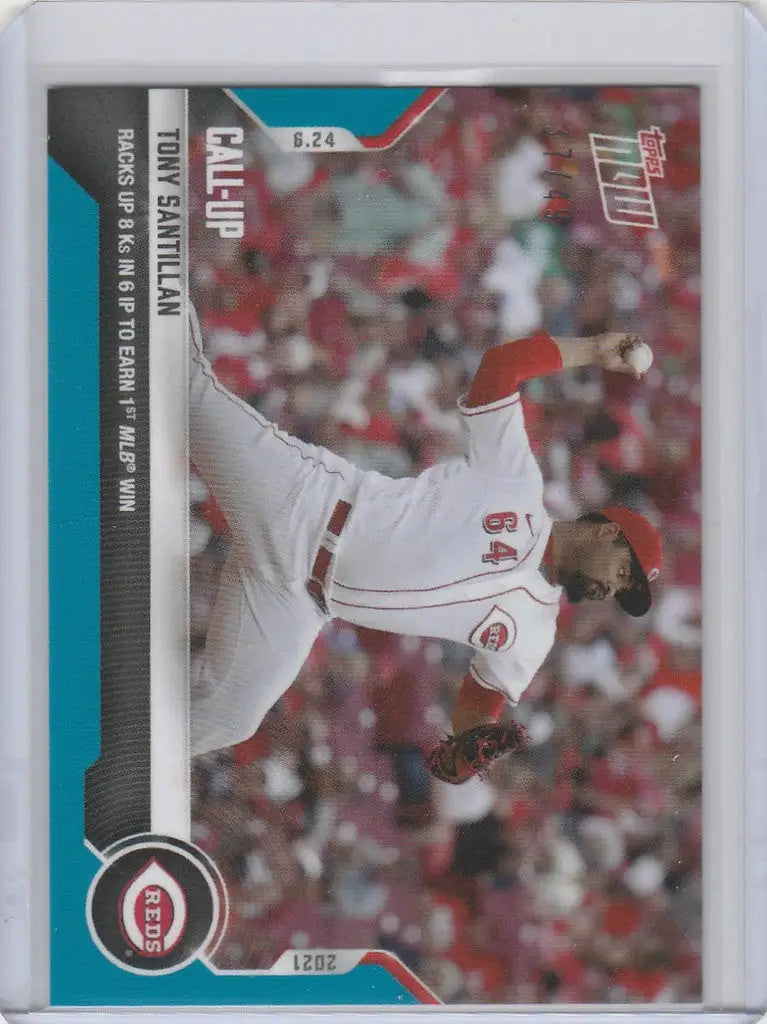 Baseball trading card of Tony Santillan, Cincinnati Reds pitcher mid-throw
