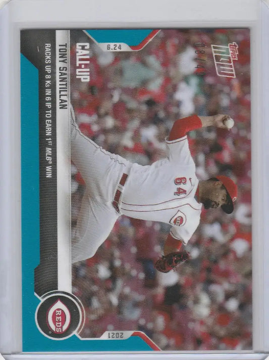 Baseball trading card of Tony Santillan, Cincinnati Reds pitcher, in mid-throw action