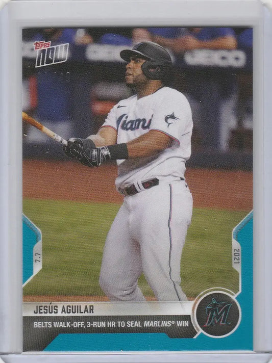 Baseball card of Jesus Aguilar Miami Marlins at bat from 2021 Topps Now Parallel #476