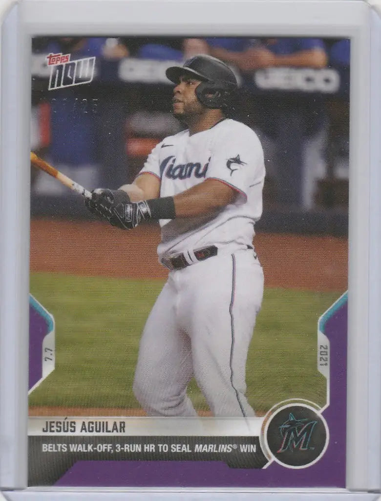 Baseball card of Jesus Aguilar Miami Marlins in mid-swing, 2021 Topps Now Parallel