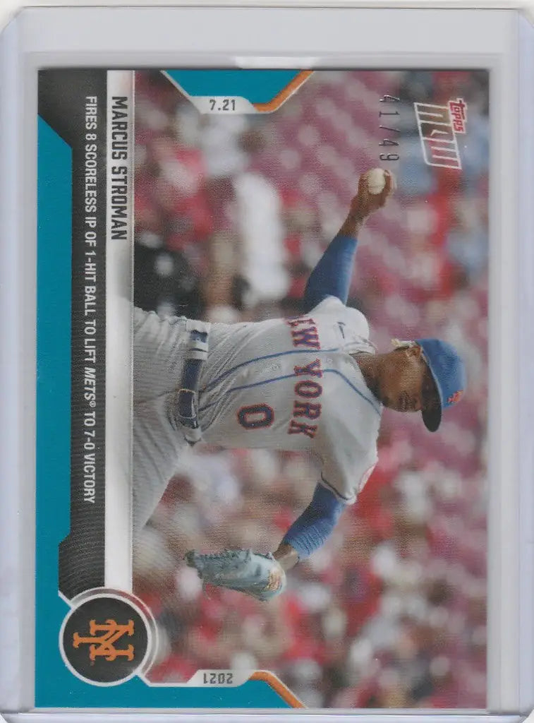 Baseball trading card of Marcus Stroman, New York Mets pitcher in mid-throw action