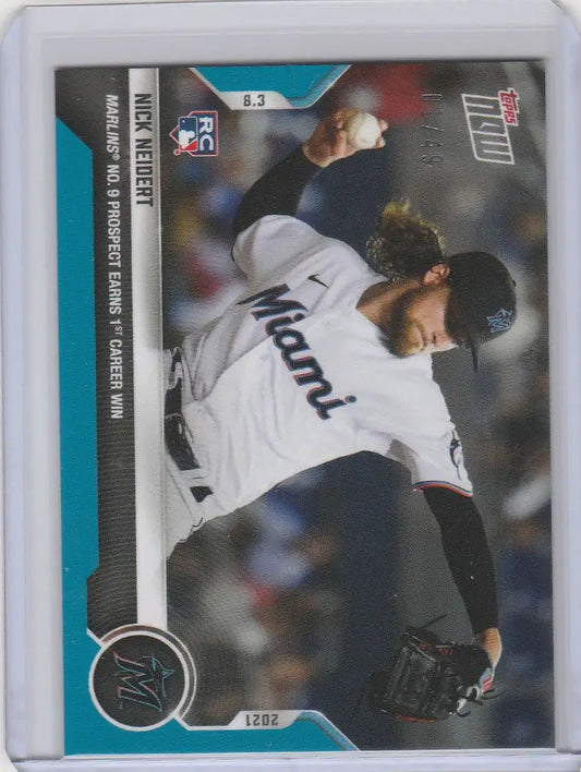 Baseball trading card of Nick Neidert Miami Marlins pitcher mid-throw action