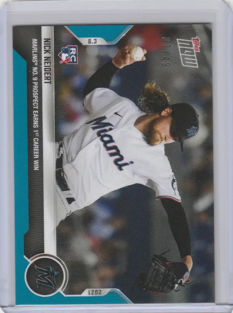 Baseball trading card of Nick Neidert mid-throw for Miami Marlins, 2021 Topps Now