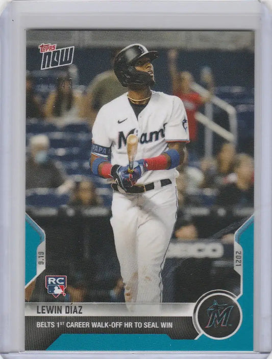 Lewis Diaz Miami Marlins player at bat on 2021 Topps Now Parallel #829 card