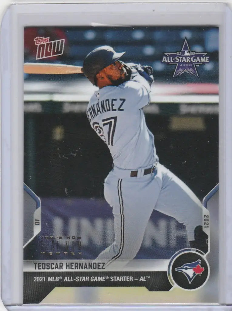 Baseball card of Teoscar Hernandez Blue Jays player mid-swing from 2021 Topps Now