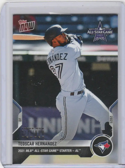 Baseball card of Teoscar Hernandez Blue Jays player mid-swing from 2021 Topps Now