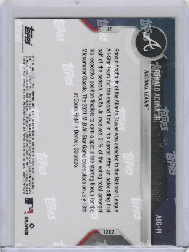 Trading card featuring Ronald Acuna Atlanta Braves on a dark background