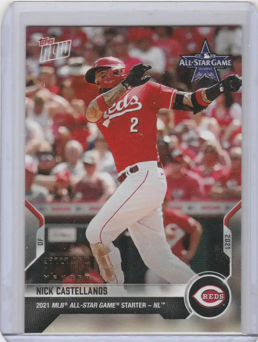 Baseball card of Nick Castellanos Cincinnati Reds mid-swing at All-Star Game