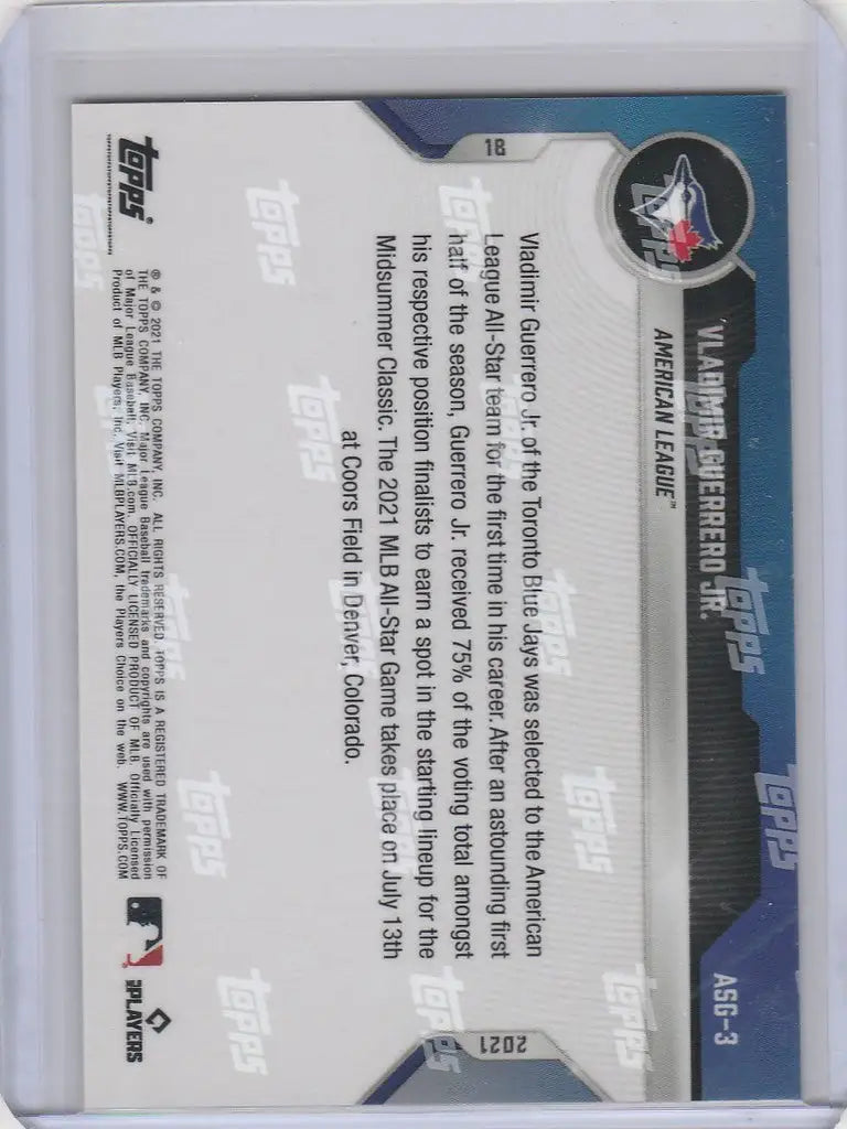 Baseball trading card of Vladimir Guerrero Blue Jays from Star Game 2021 Topps Now Platinum