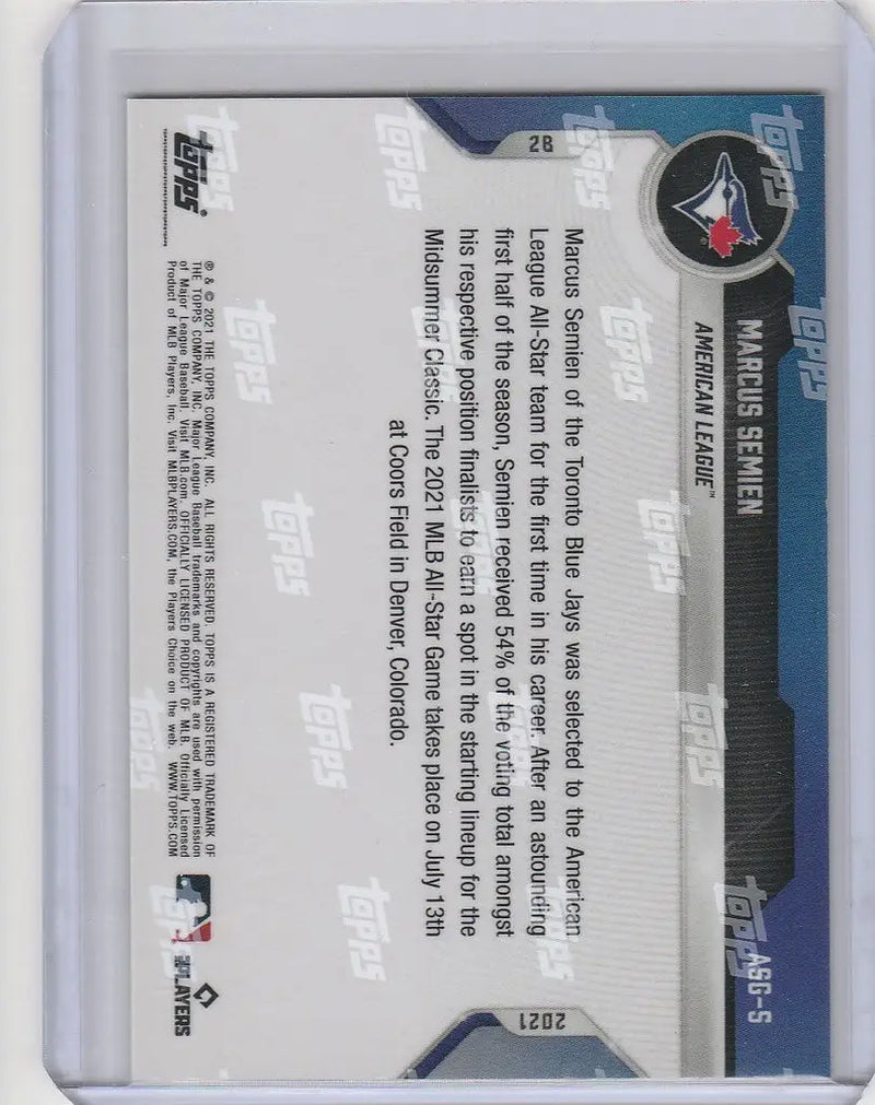 Baseball trading card featuring Marcus Semien with Toronto Blue Jays logo