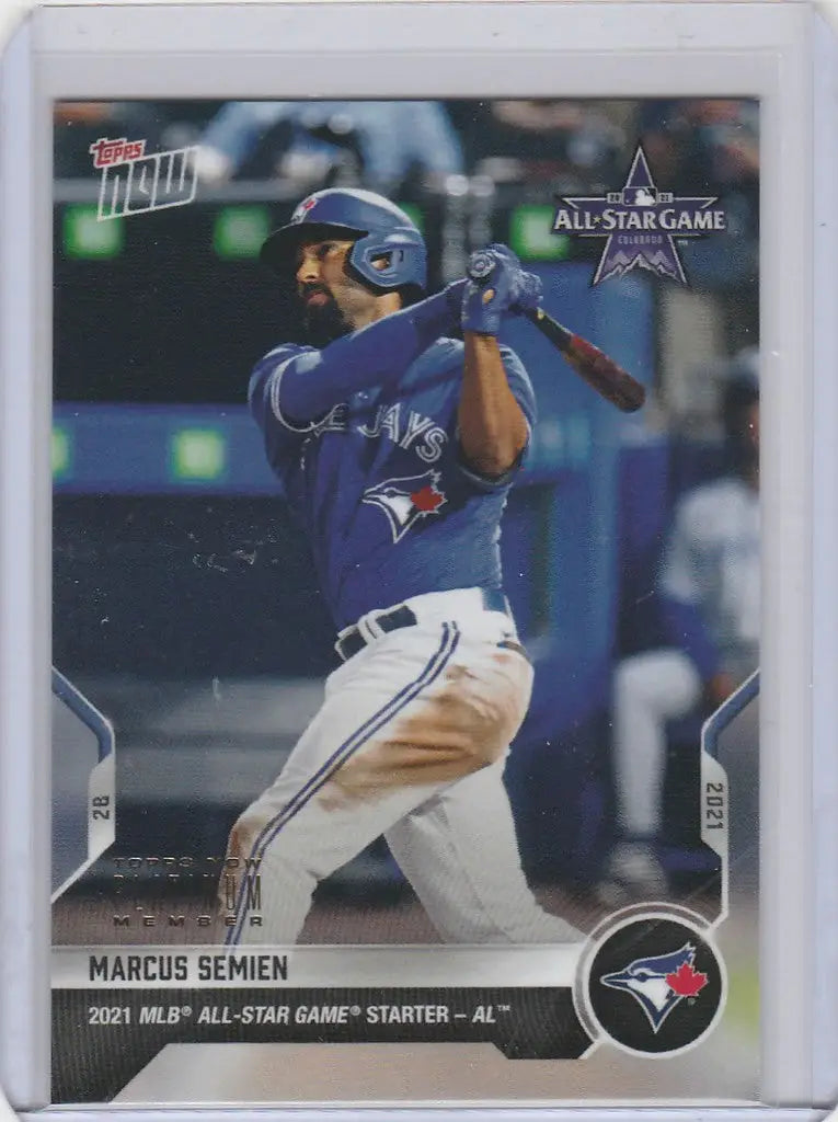 Baseball card of Marcus Semien mid-swing for the Toronto Blue Jays 2021 Topps Now