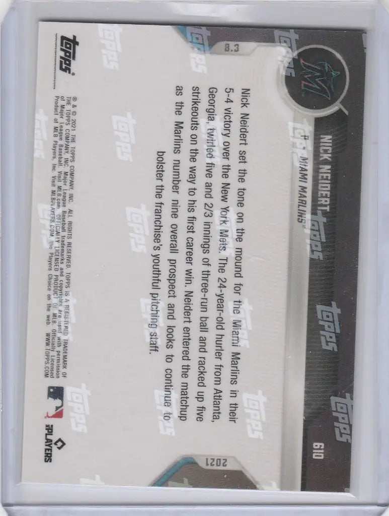Back of 2021 Topps Now Platinum Rainbow Foil 1/1 Nick Neidert Miami Marlins trading card