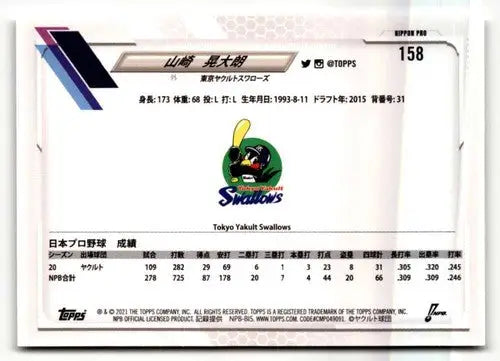 2021 Topps NPB #158 Kotaro Yamasaki NRMT-MT ID:50588 - Baseball Card Single
