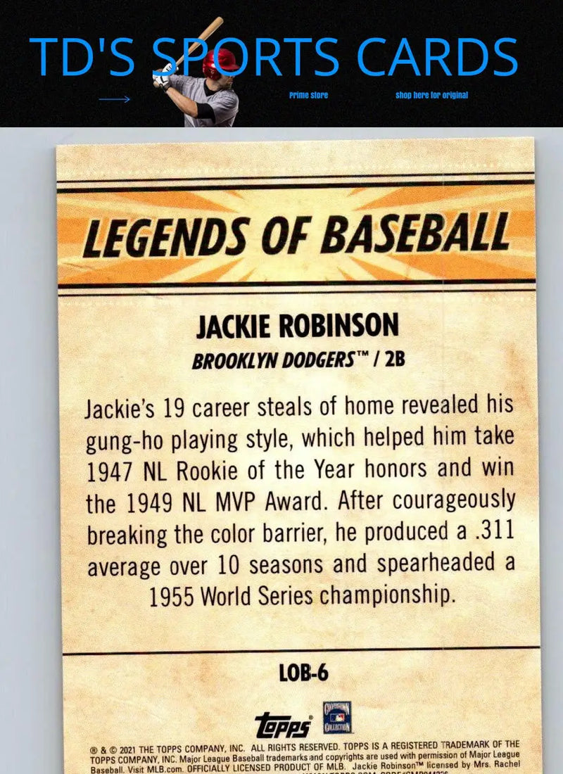 Jackie Robinson baseball card from 2021 Topps Opening Day Legends of Baseball series