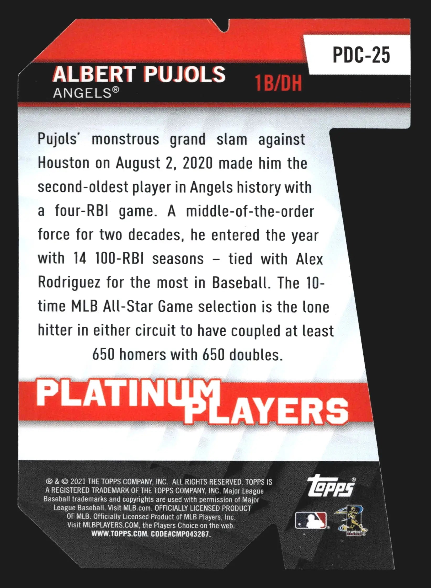 2021 Topps Platinum Players Die-Cut #PDC-25 Albert Pujols Angels - Baseball Card Single