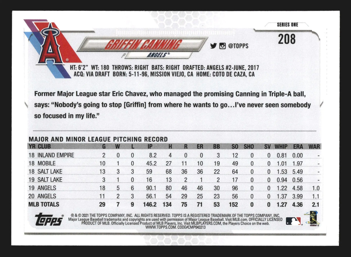 2021 Topps Series 1 Griffin Canning #208 Los Angeles Angels - Baseball Card Single