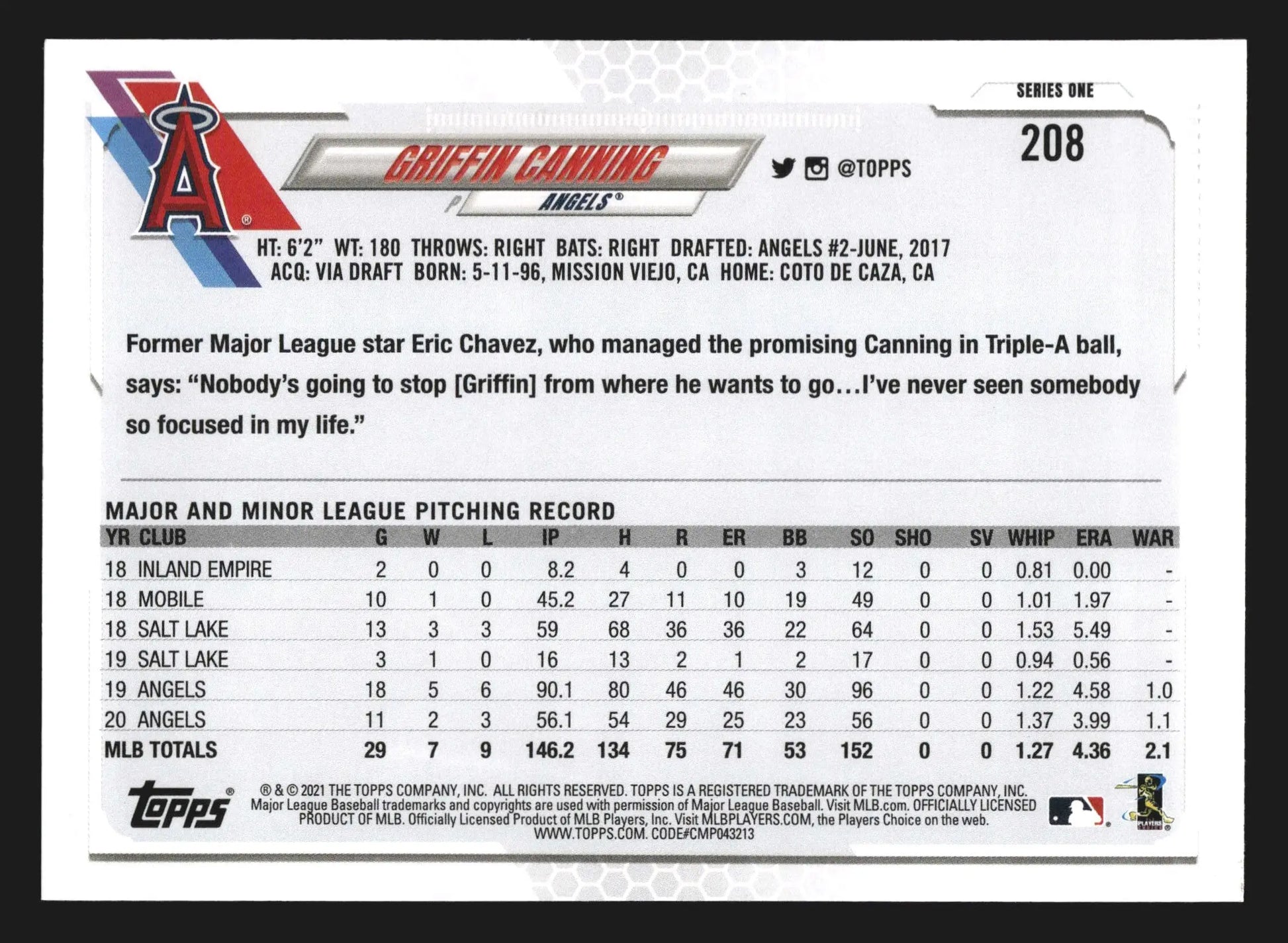 2021 Topps Series 1 Griffin Canning #208 Los Angeles Angels - Baseball Card Single