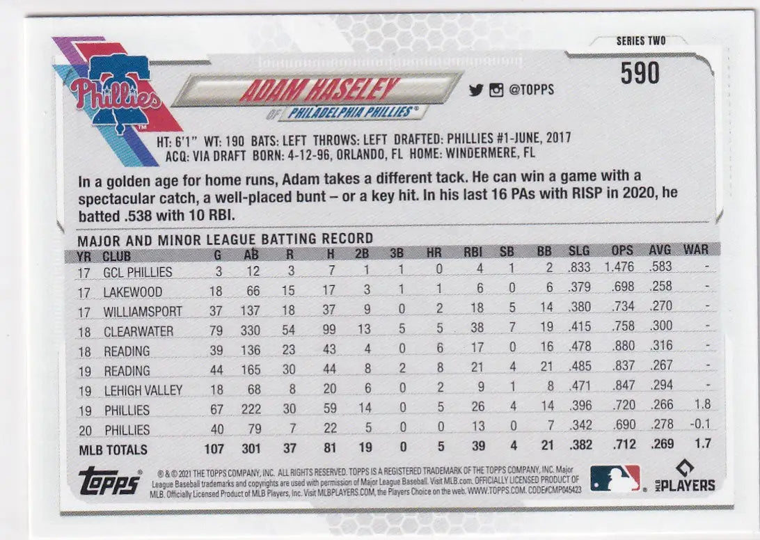 2021 TOPPS SERIES TWO #590 ADAM HASELEY GOLD- PHILADELPHIA PHILLIES - Baseball Card Single
