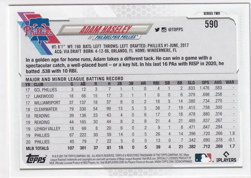 2021 TOPPS SERIES TWO #590 ADAM HASELEY GOLD- PHILADELPHIA PHILLIES - Baseball Card Single