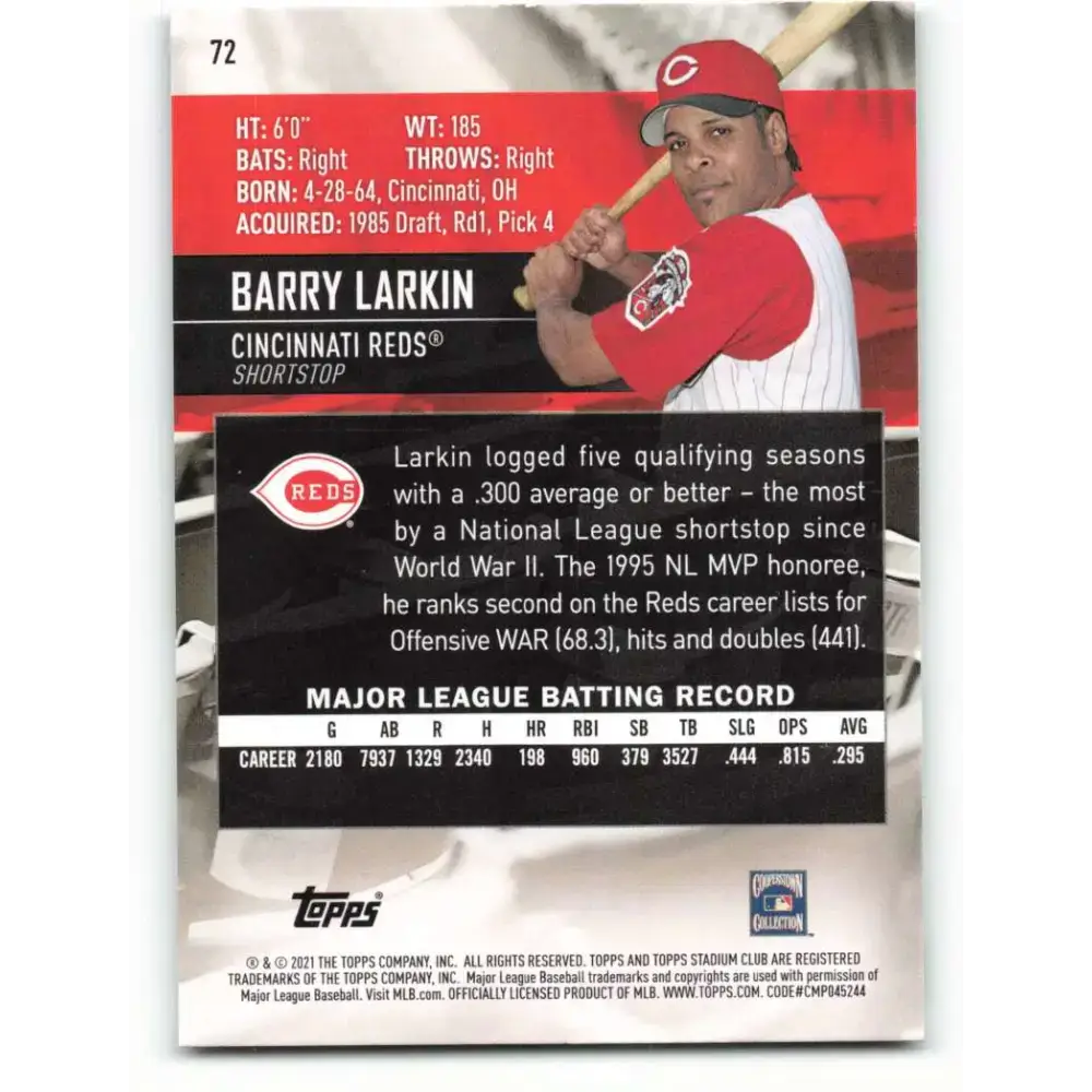 2021 Topps Stadium Club #72 Barry Larkin NM-MT Cincinnati Reds Baseball Card - Baseball Card Single