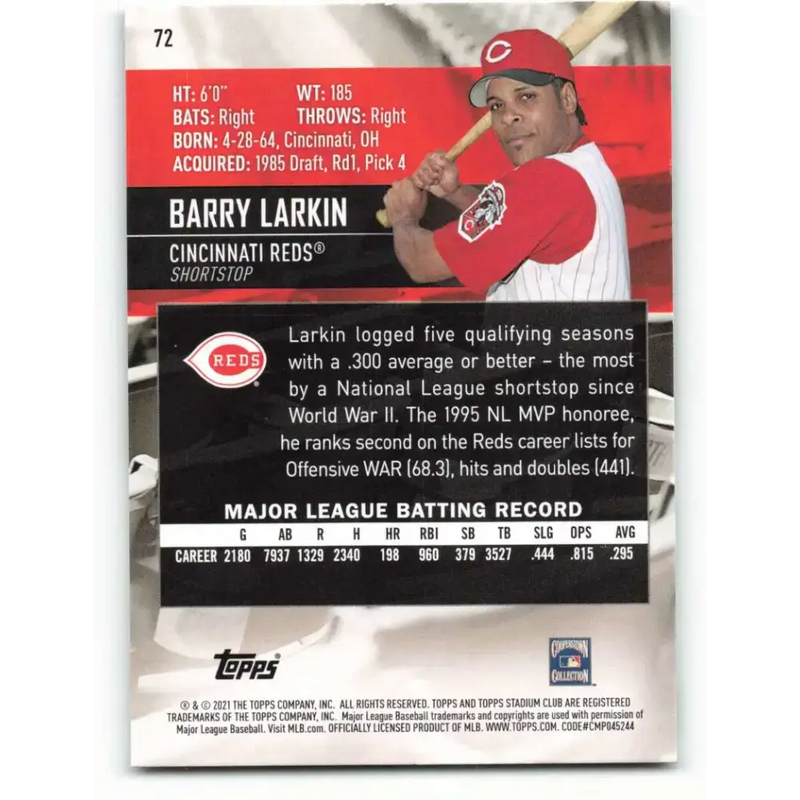 2021 Topps Stadium Club #72 Barry Larkin NM-MT Cincinnati Reds Baseball Card - Baseball Card Single