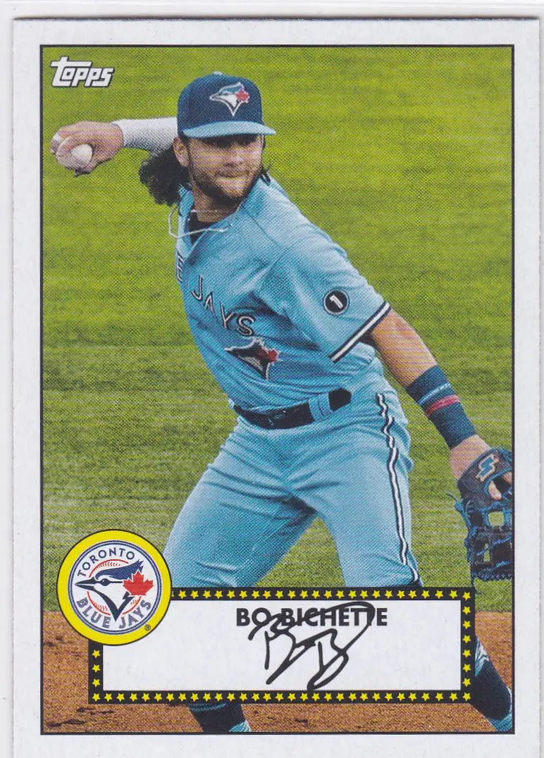 Baseball card of Bichette Toronto Blue Jays pitcher mid-throw on grassy field