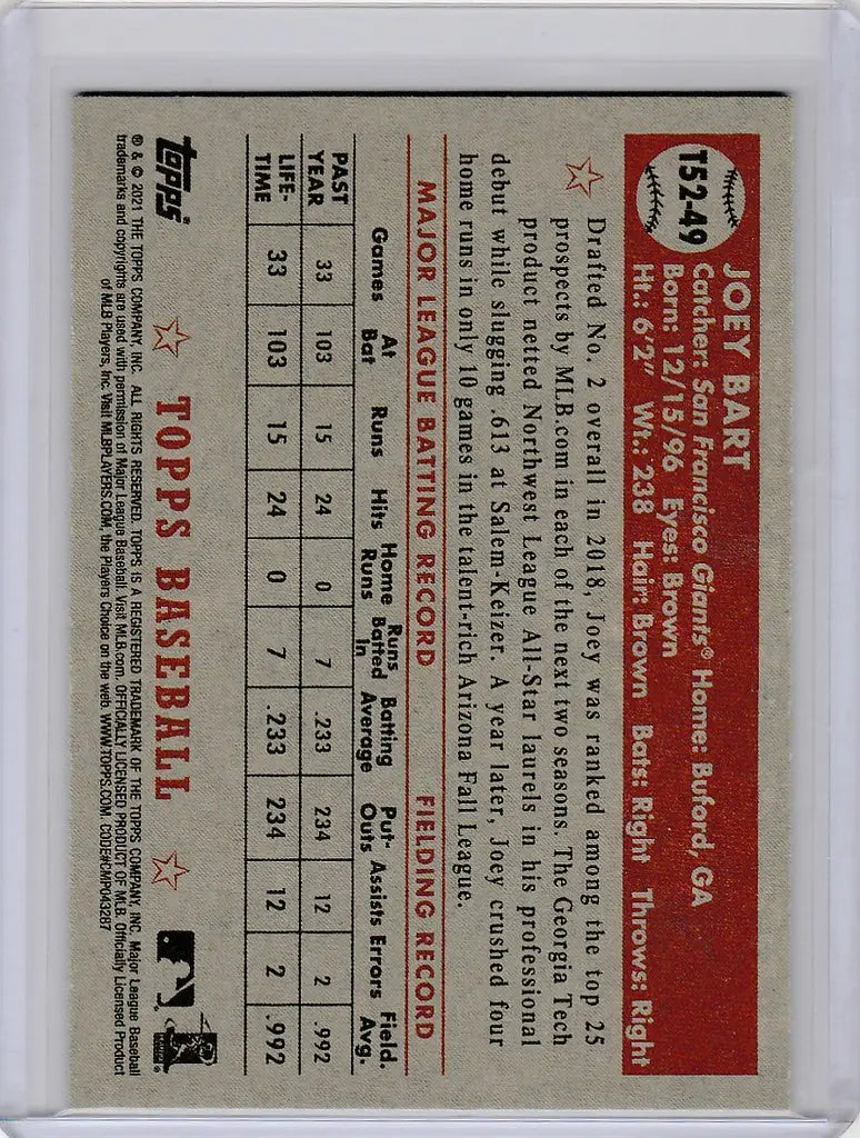 Baseball card displaying Joey Bart statistics for 2021 Topps T52-49 San Francisco Giants