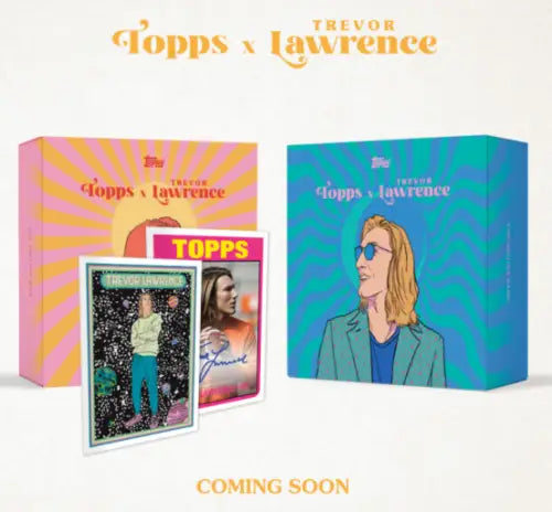 Two colorful boxes of the 2021 Topps Trevor Lawrence Collection Football Set with trading cards