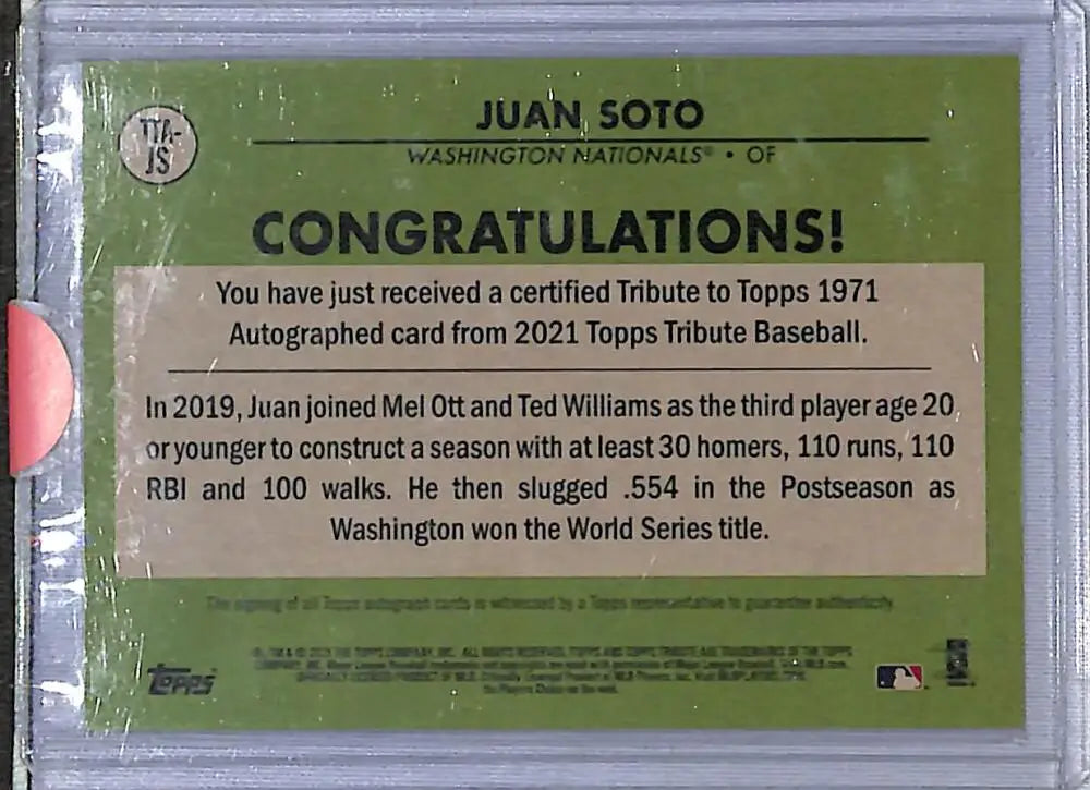 2021 Topps Tribute 1971 #TTA-JS Juan Soto NM-MT Auto 11/50 Washington Nationals - Baseball Card Single