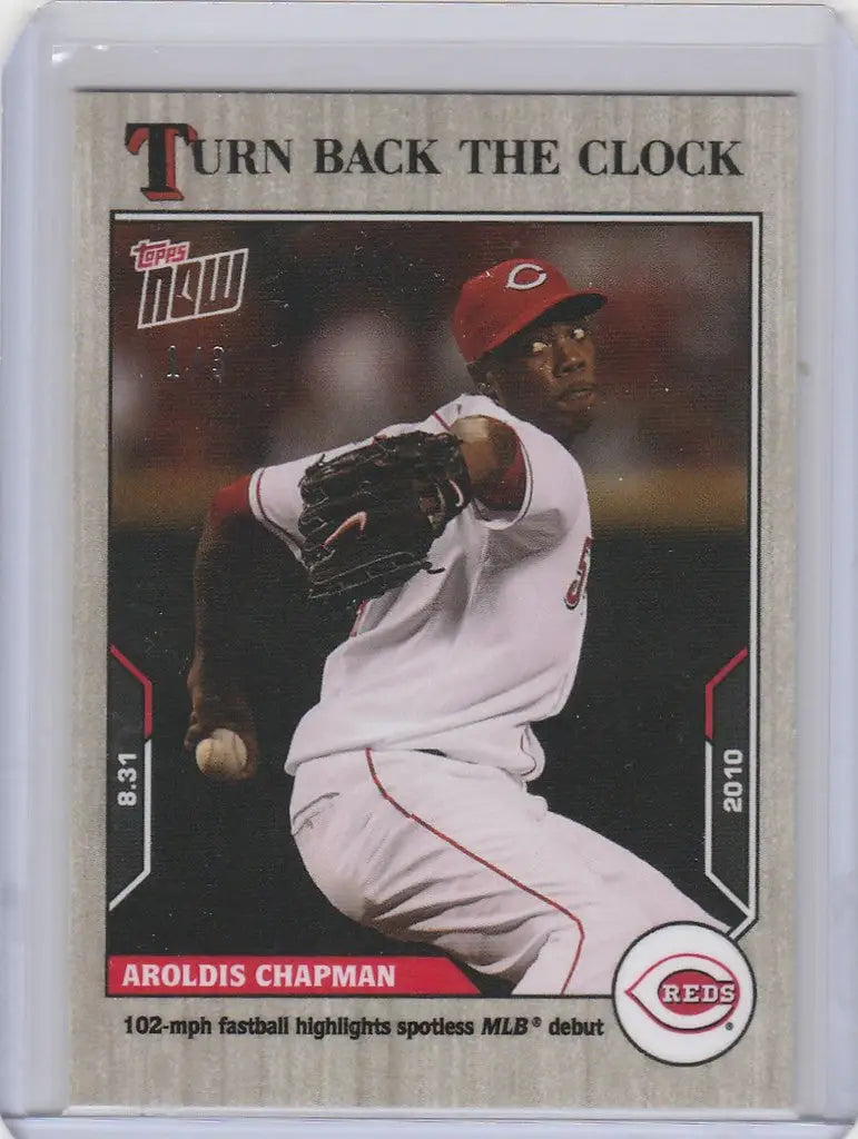 Baseball card of Aroldis Chapman Reds pitching in 2021 Topps Turn Back the Clock Ash Parallel