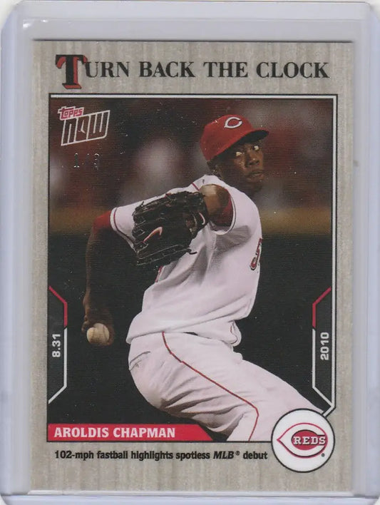 Baseball card of Aroldis Chapman Reds pitching in 2021 Topps Turn Back the Clock Ash Parallel