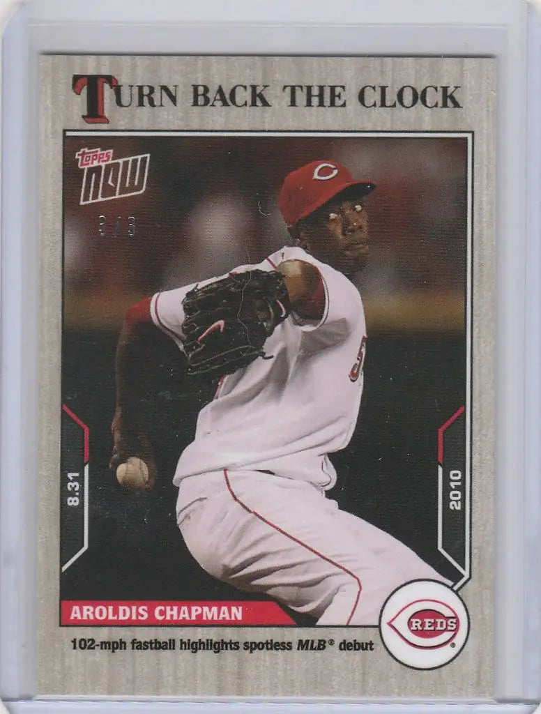 Baseball card of Aroldis Chapman Reds in mid-throw from Topps Turn Back the Clock Ash Parallel