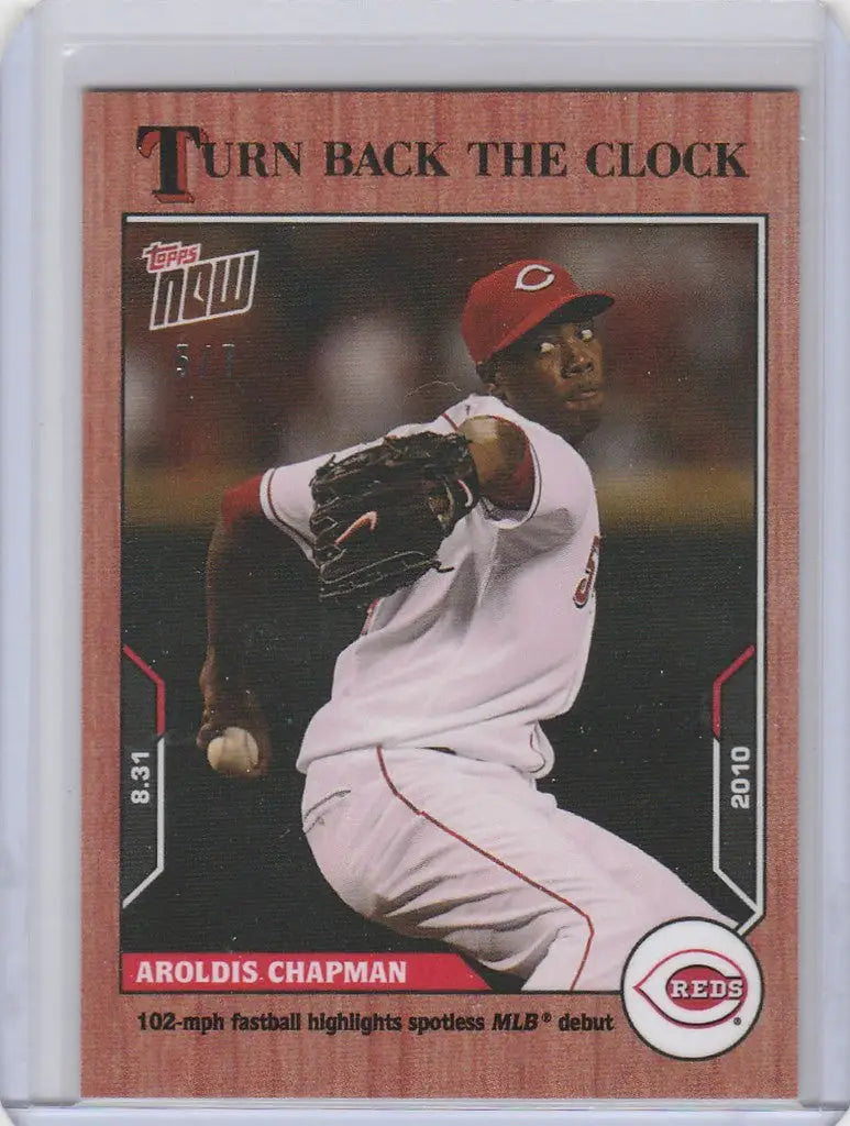 Baseball card of Aroldis Chapman Reds in mid-throw from Topps Turn Back the Clock Cherry Parallel