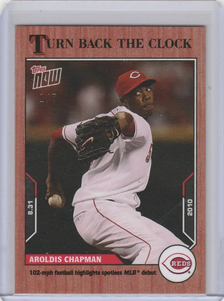 Baseball card of Aroldis Chapman Reds in mid-throw from Topps Turn Back the Clock Cherry Parallel