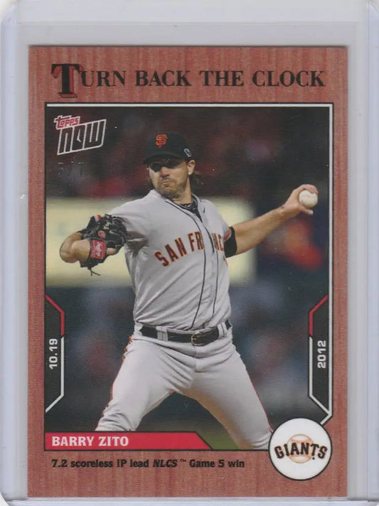 Baseball card of Barry Zito Giants in mid-throw from Topps Turn Back the Clock Cherry Parallel
