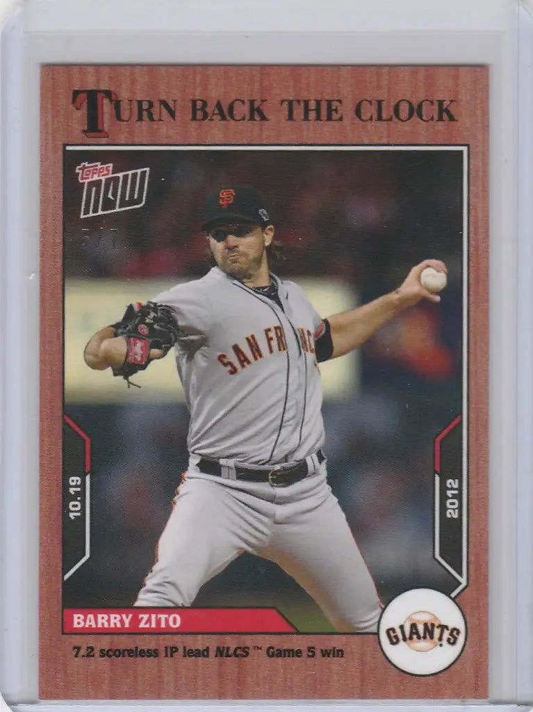 Baseball card of Barry Zito Giants in mid-throw from Topps Turn Back the Clock Cherry Parallel