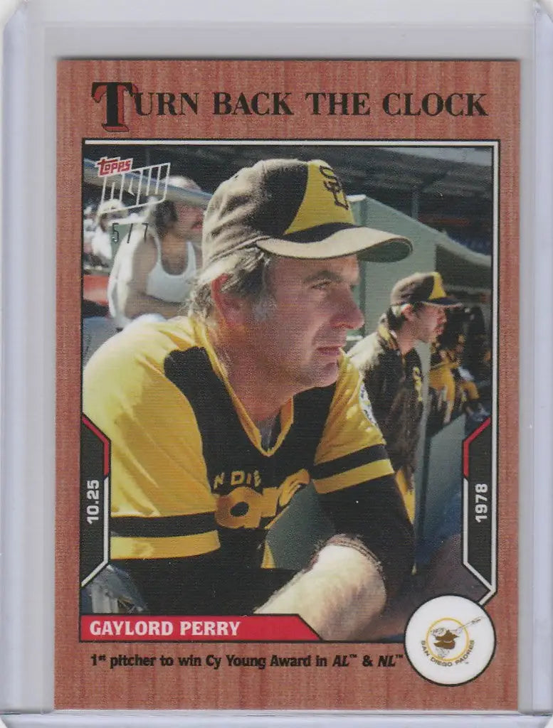 Baseball card of Gaylord Perry in yellow and black Padres uniform, Topps Turn cherry parallel